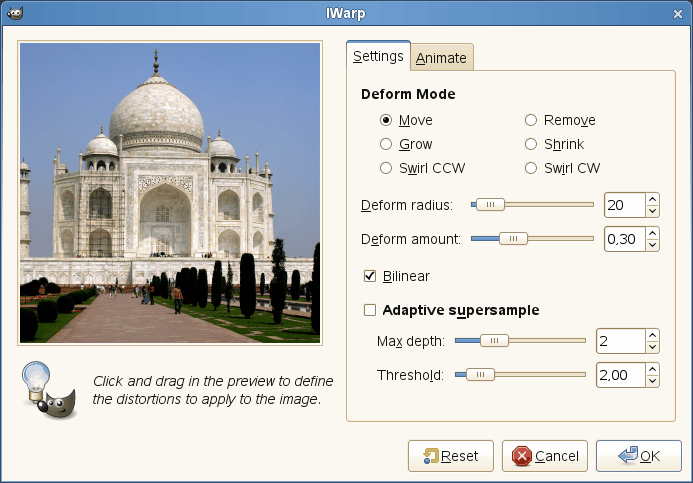 “IWarp” filter options (Settings tab)