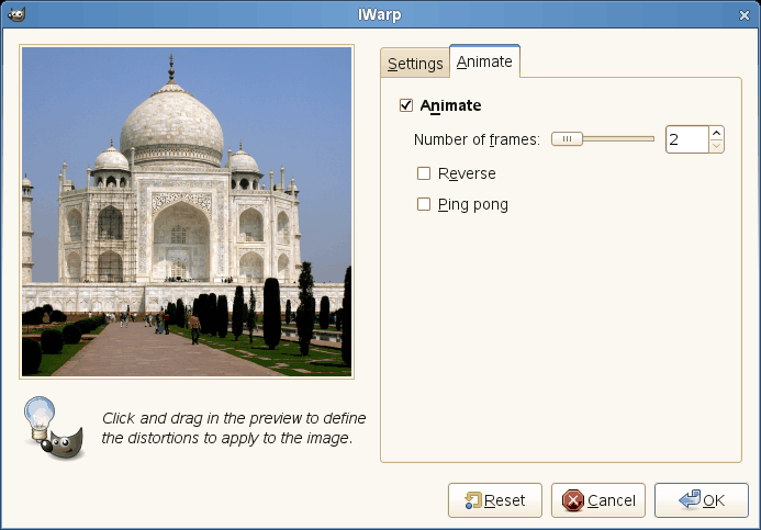 “IWarp” filter options (Animation tab)