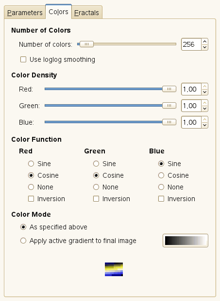 “Fractal Explorer” filter options (Colors)